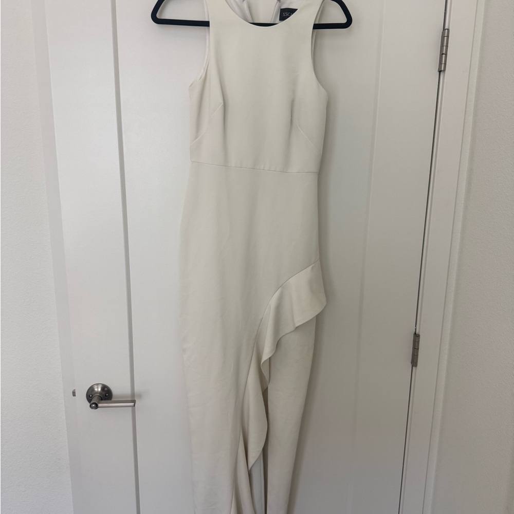 Xscape Cream Asymmetrical Ruffle Jumpsuit Dress